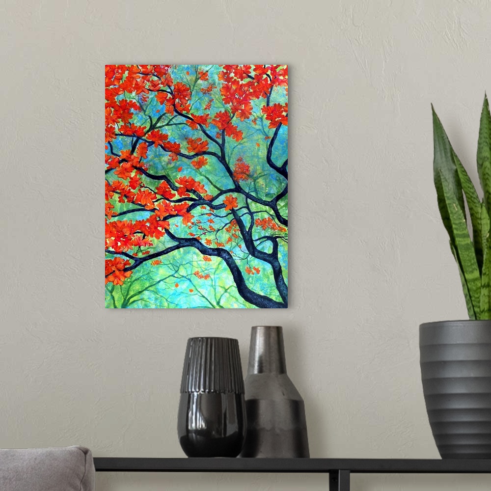 A modern room featuring Contemporary painting of a tree top with orange and red leaves on a blue and green background.