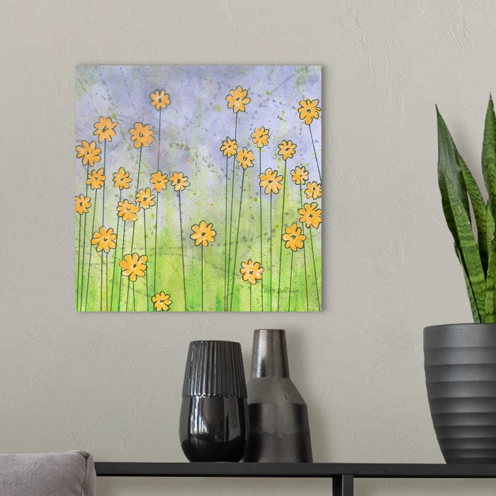 A modern room featuring Painting of whimsical yellow flowers with long green stems on a square background.