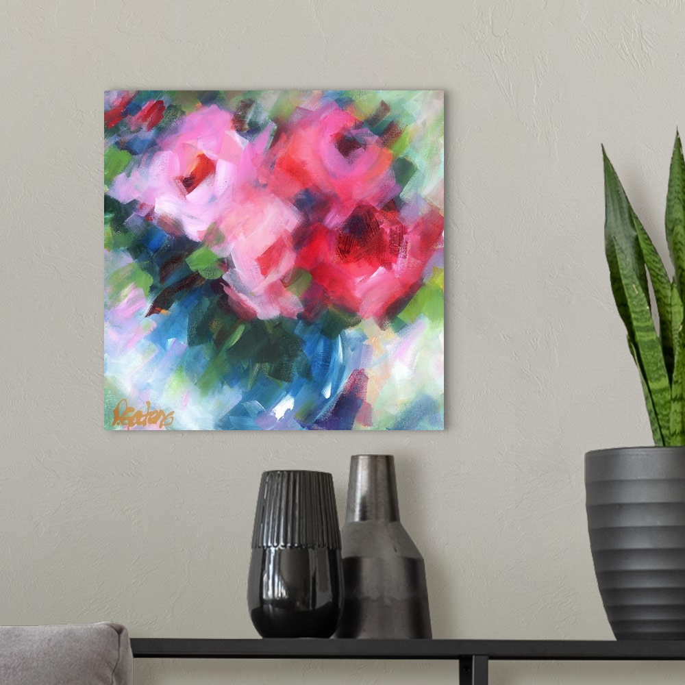 A modern room featuring A square abstract painting of bright pink flowers.