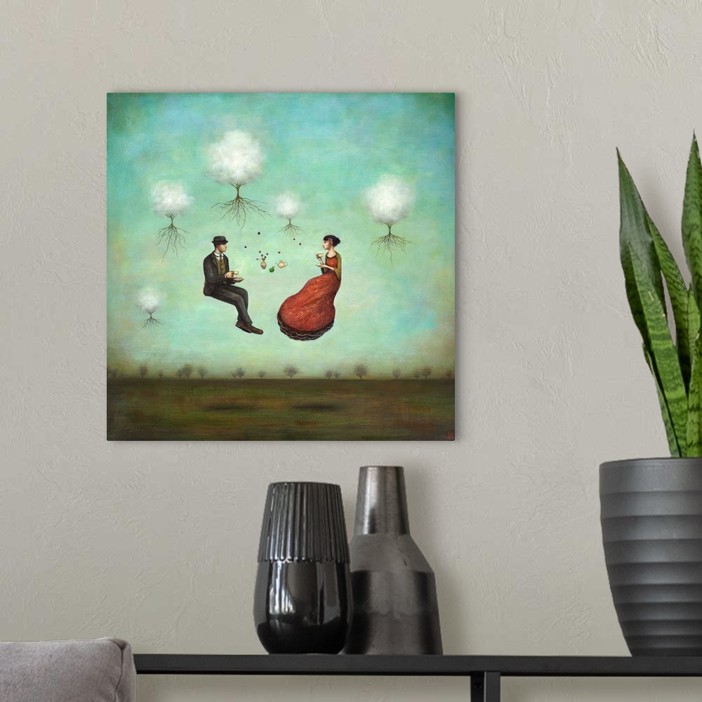 A modern room featuring Contemporary surreal artwork of a woman and man having tea while floating in the air.