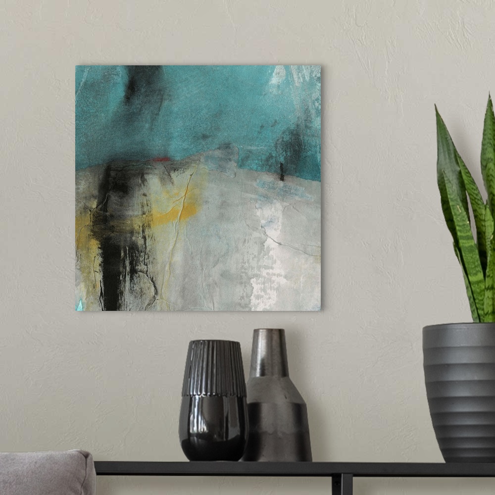 A modern room featuring A contemporary abstract painting using neutral and blue.