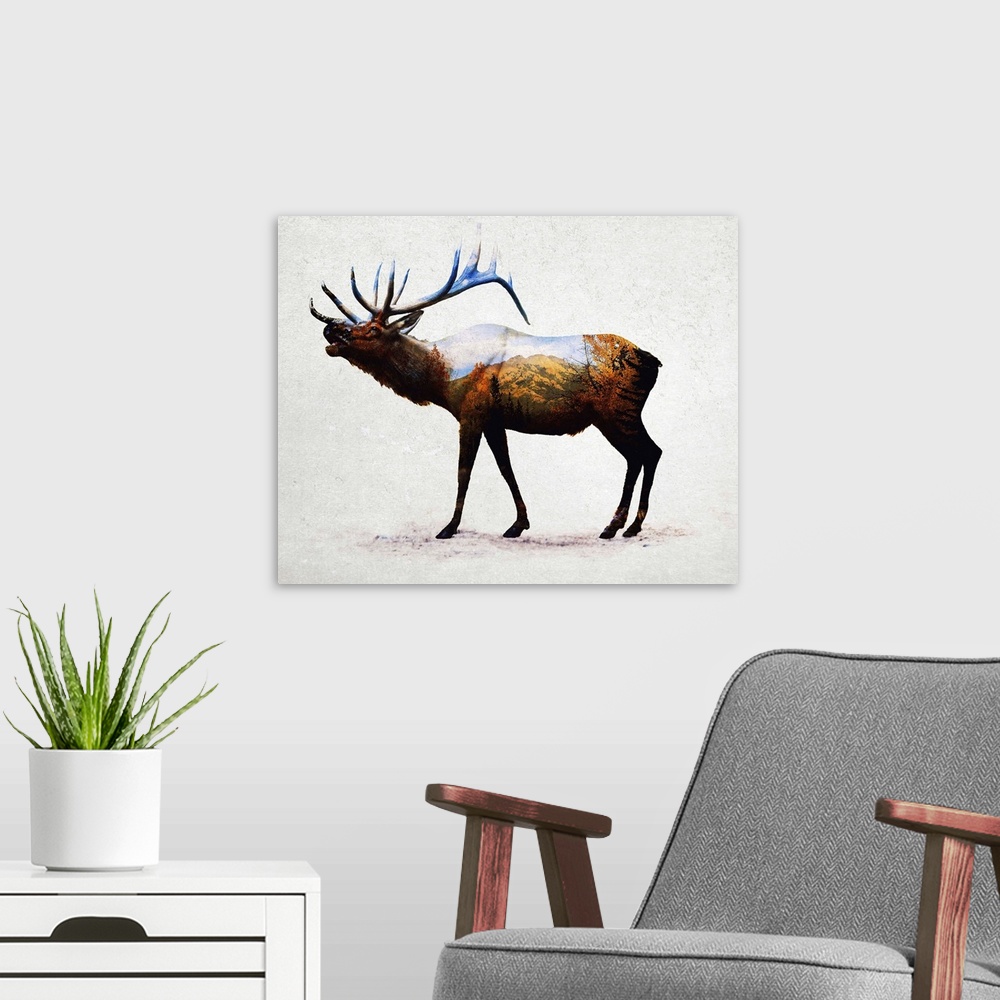A modern room featuring A contemporary piece of artwork of a wilderness scene withing the outline of an elk.