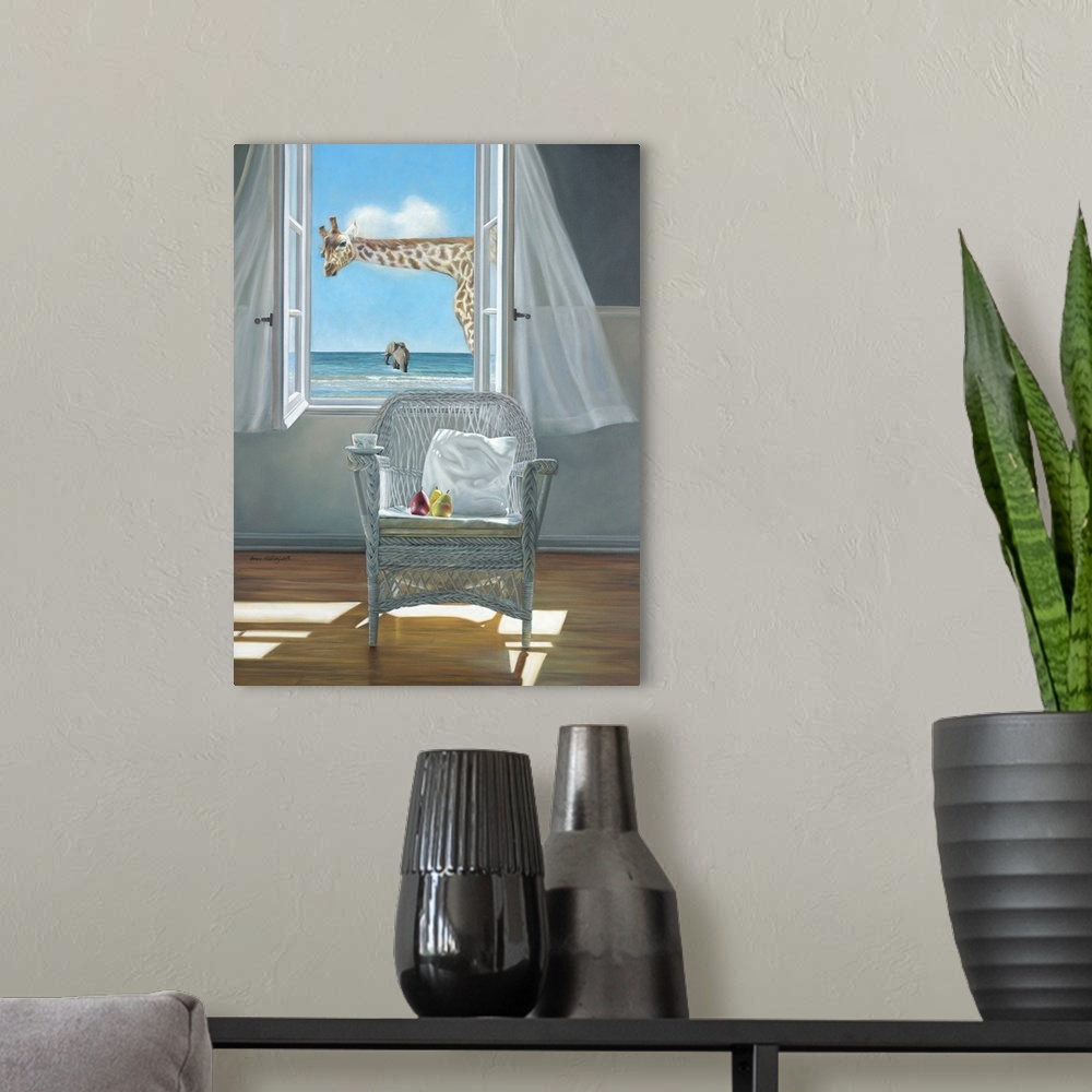 A modern room featuring Contemporary still life painting of a pillow on a chair next to an open window with a white curta...
