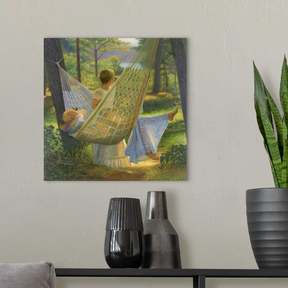 A modern room featuring Classical painting of a two children playing on a hammock.
