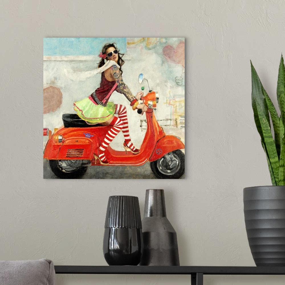 A modern room featuring Contemporary artwork of a woman wearing mismatched clothing riding a bright red scooter.