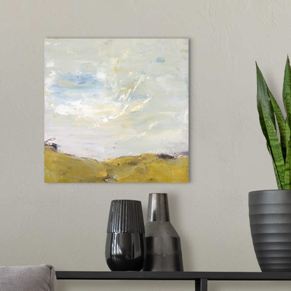 A modern room featuring Abstract landscape painted in muted neutral tones.