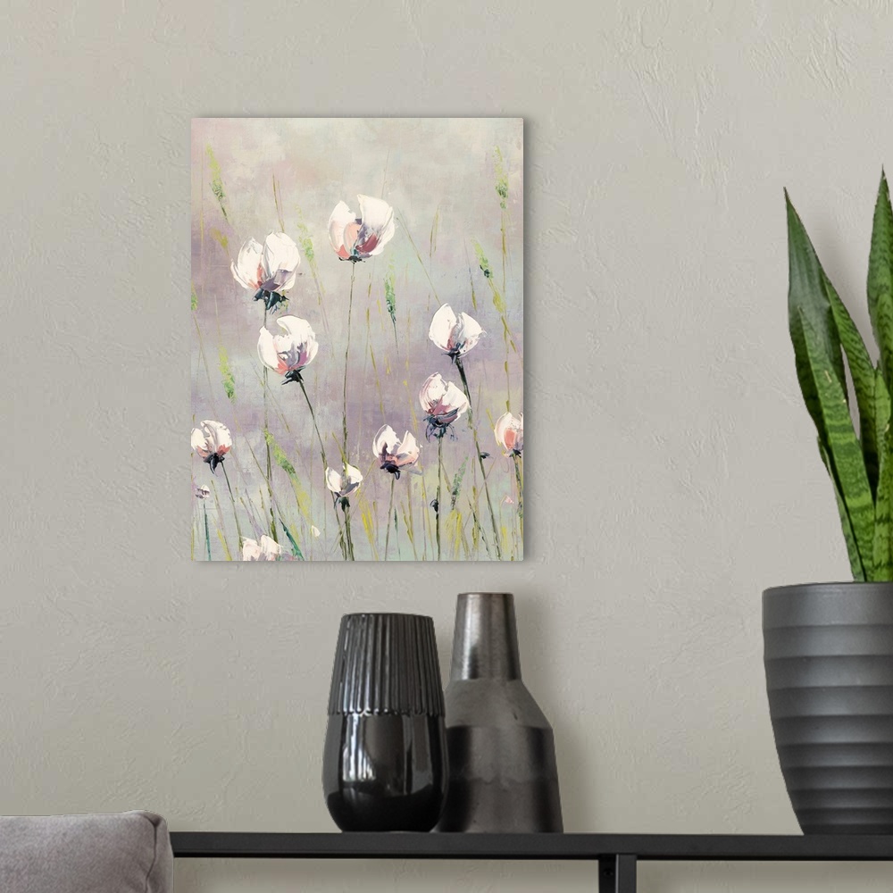 A modern room featuring A light, contemporary painting of tall white flowers interspersed with green grasses on a neutral...
