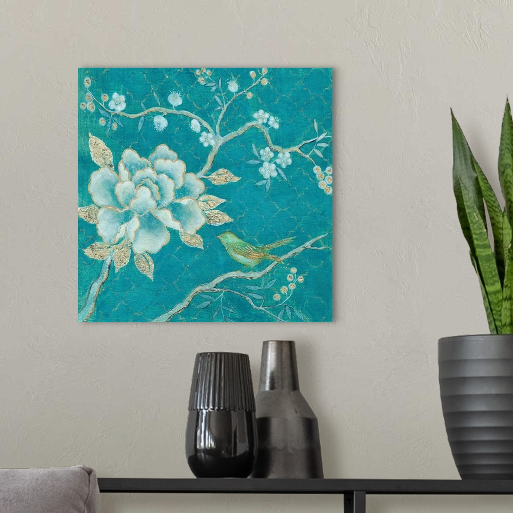 A modern room featuring Fine art painting of Japanese blossoms and a bird in teal and gold by Elle Summers.