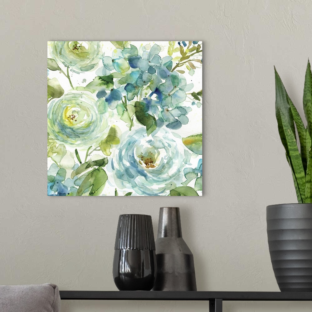 A modern room featuring Fine art watercolor painting of an assorted bouquet of flowers in blue and green by Elizabeth Fra...