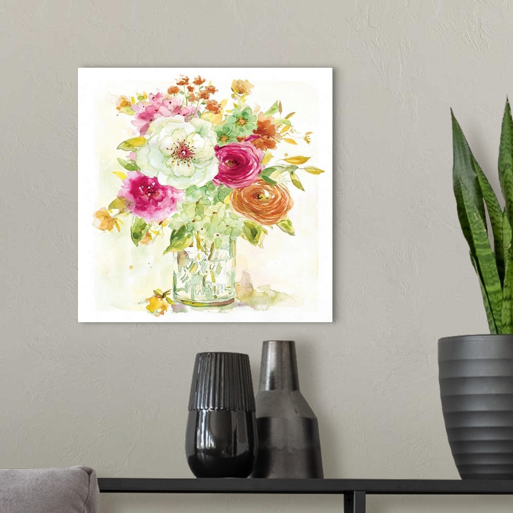 A modern room featuring Fine art watercolor painting of an assorted bouquet of flowers in bright colors by Elizabeth Fran...