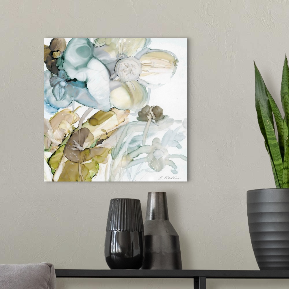 A modern room featuring Fine art watercolor painting of a seaglass garden of flowers in blues, green and gray by Elizabet...