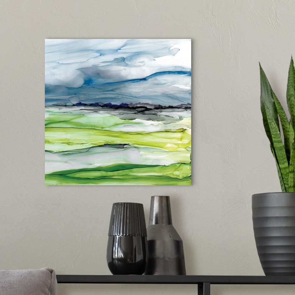 A modern room featuring Fine art watercolor painting of washed vistas in blue and green by Elizabeth Franklin.