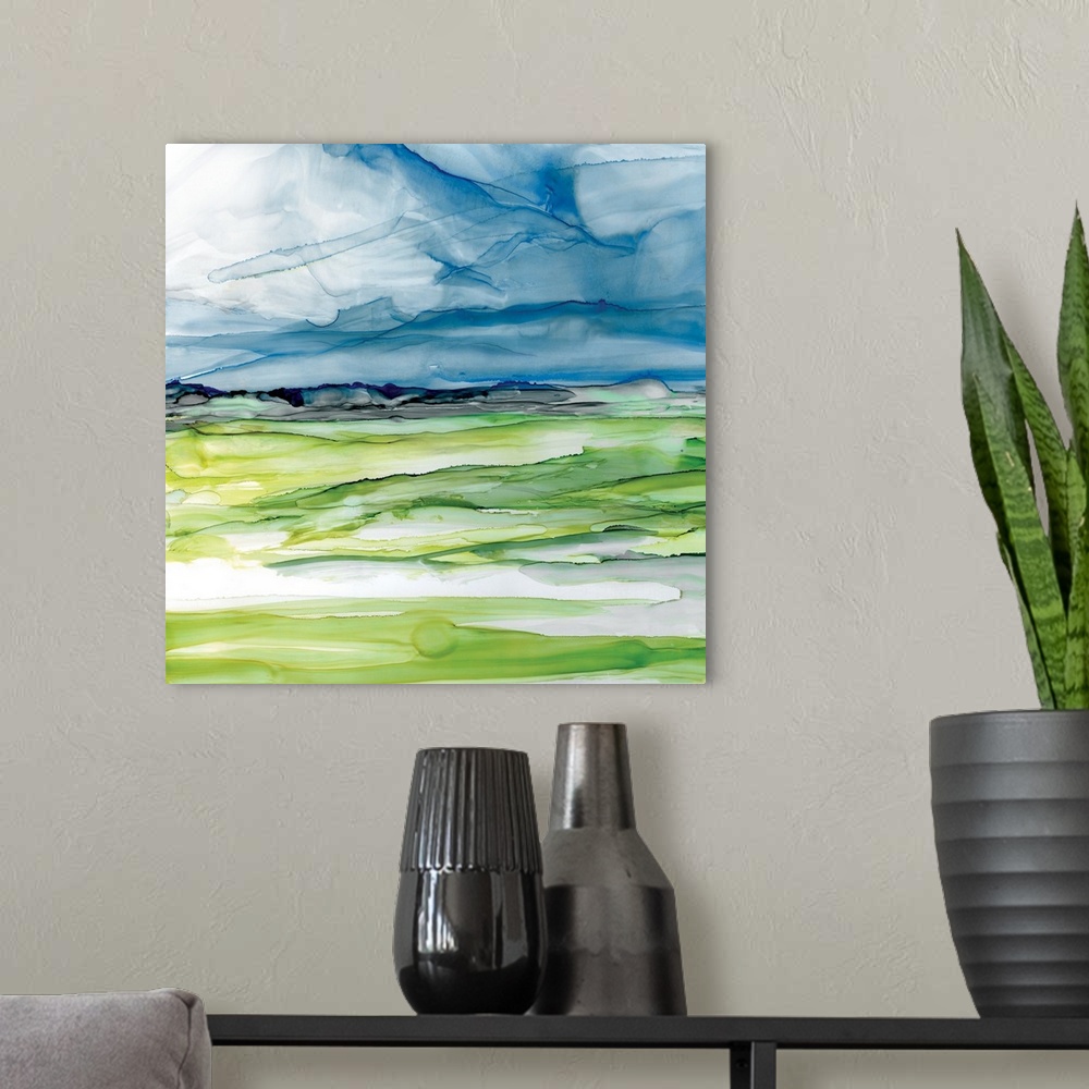 A modern room featuring Fine art watercolor painting of washed vistas in blue and green by Elizabeth Franklin.