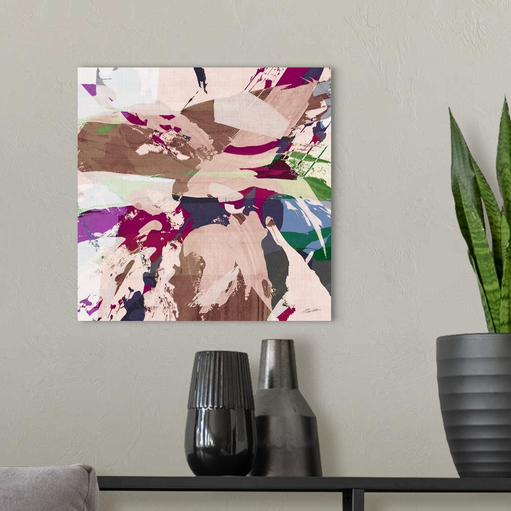 A modern room featuring Abstract sumi brushed petals forming a modern floral painting.