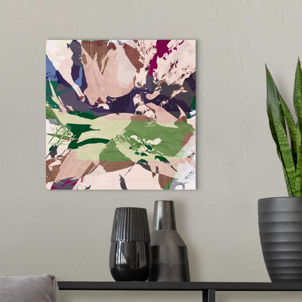 A modern room featuring Abstract sumi brushed petals forming a modern floral painting.