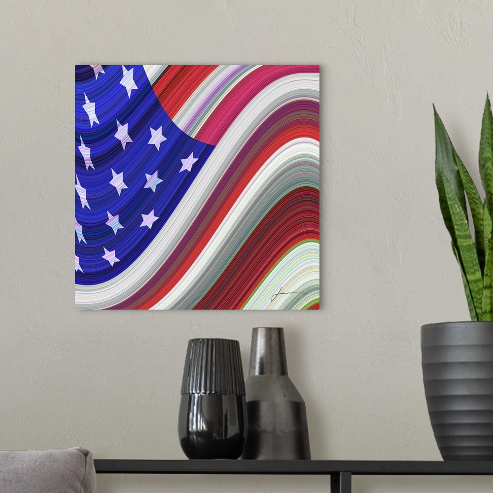 A modern room featuring The Stars and Stripes wave in the breeze. A modern view of Old Glory.