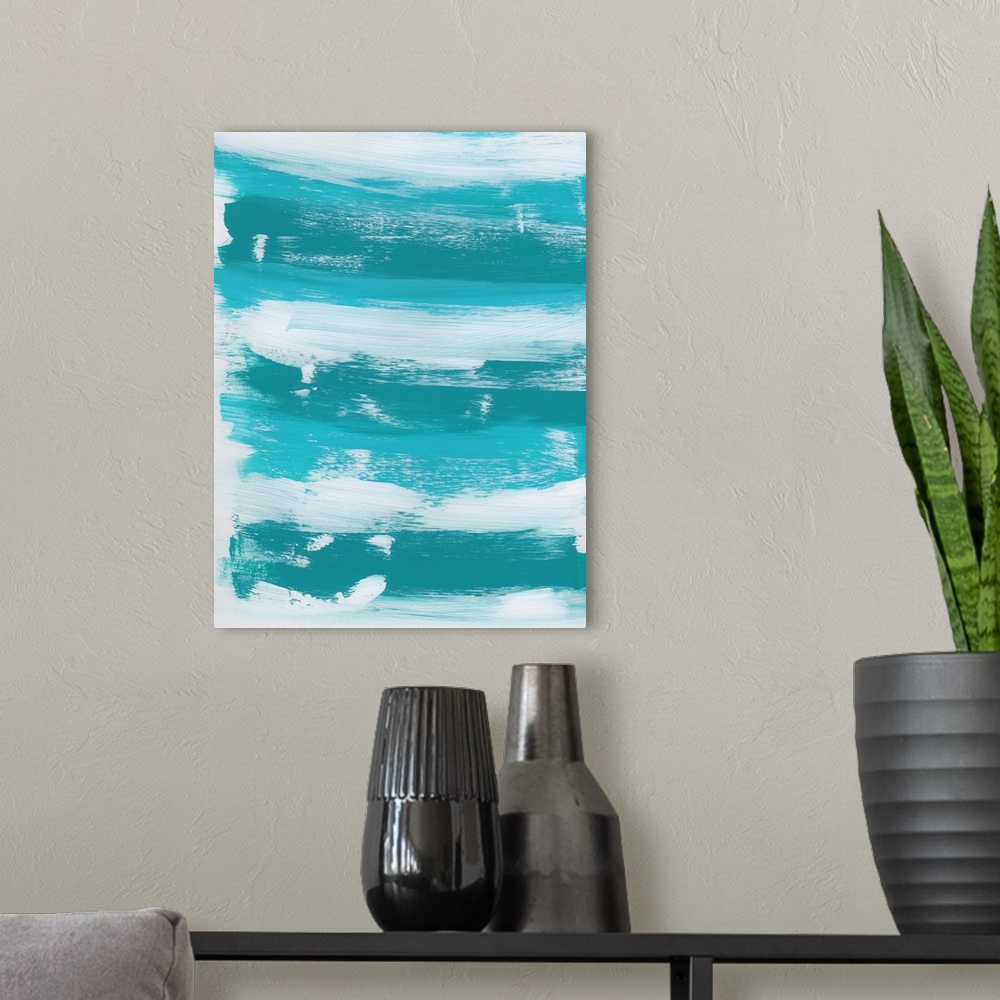 A modern room featuring Vertical abstract landscape painting of an ocean using sweeping horizontal brush strokes in blue ...