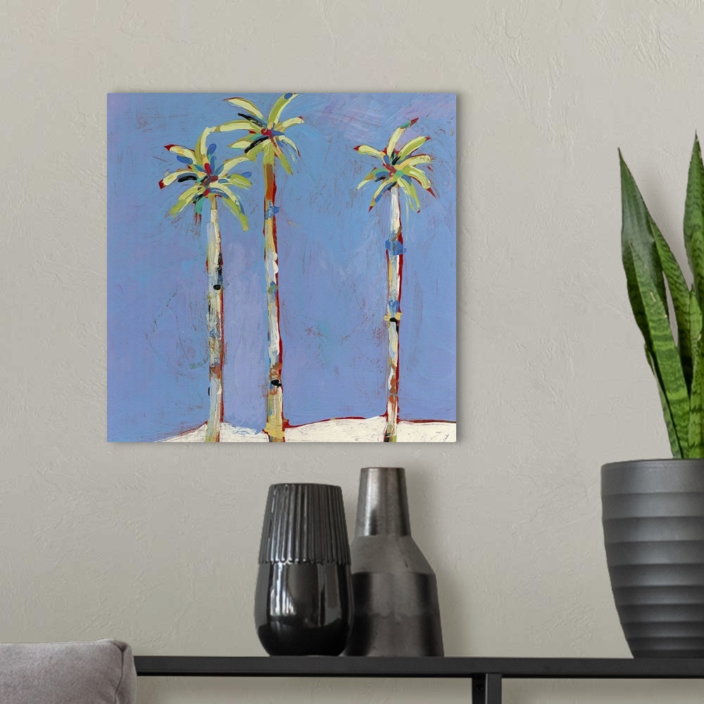 A modern room featuring Square, contemporary painting of three tall palm trees against a background of blue. Painted with...