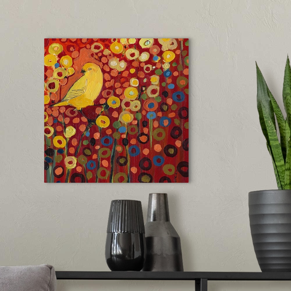 A modern room featuring Contemporary art piece of a yellow canary sitting on a branch in a flower field represented by co...