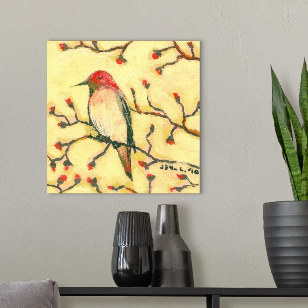 A modern room featuring Contemporary painting of bird sitting on and surrounded by branches filled with flower buds.