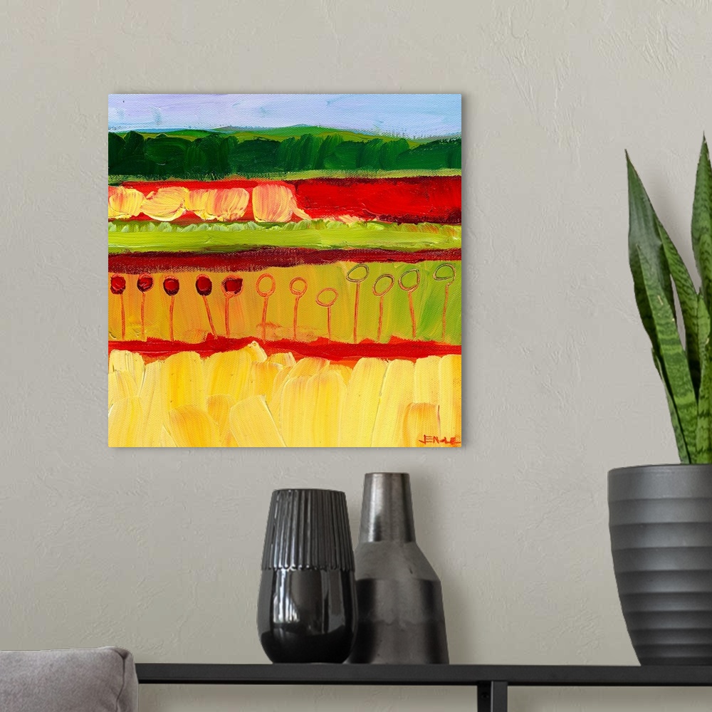 A modern room featuring Abstract painting of colorful fields with vegetation created with broad textured brush strokes.