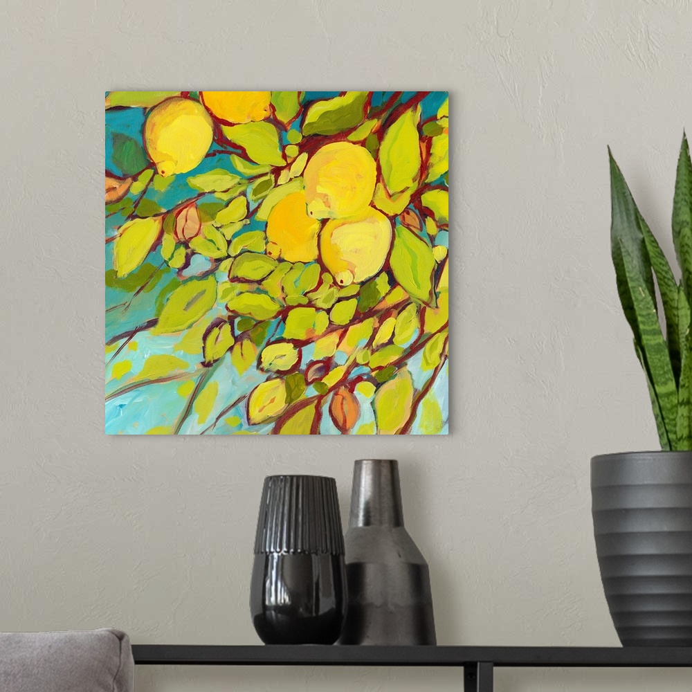 A modern room featuring Contemporary painting of lemon tree with an up close view of the leaves and lemons.