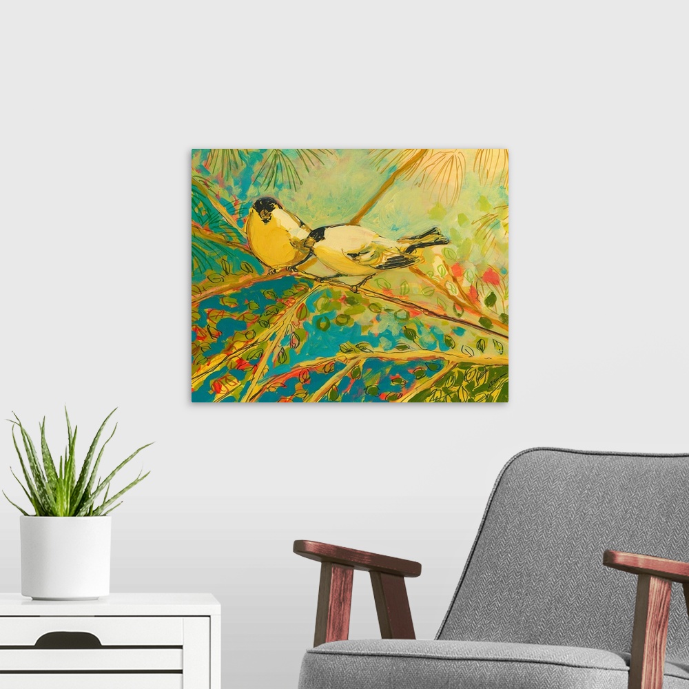 A modern room featuring Huge contemporary art portrays a couple birds sitting on a tree branch during a sunny day.  Artis...