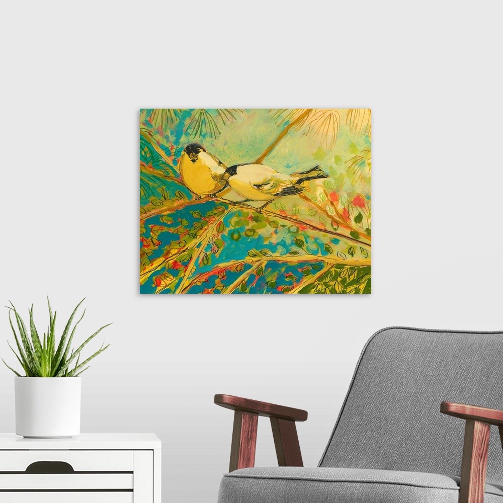 A modern room featuring Large contemporary art displays two Goldfinches sitting on a tree branch during a sunny day.  Art...