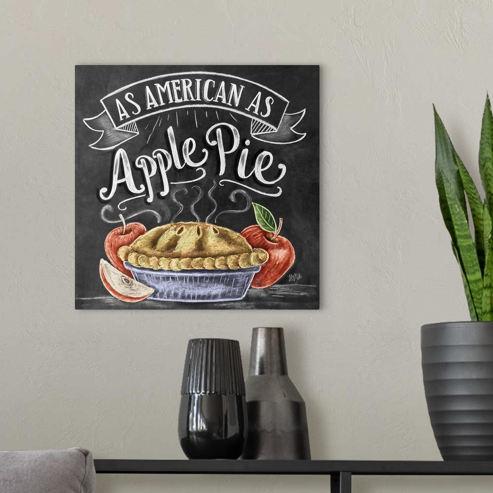 A modern room featuring The phrase "As American as apple pie" done in flowing hand-lettering in white chalk with a drawin...