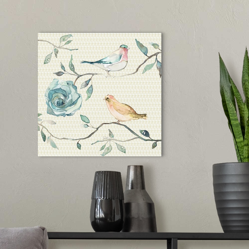 A modern room featuring Hand painted watercolor painting of two birds on branches with roses and leaves