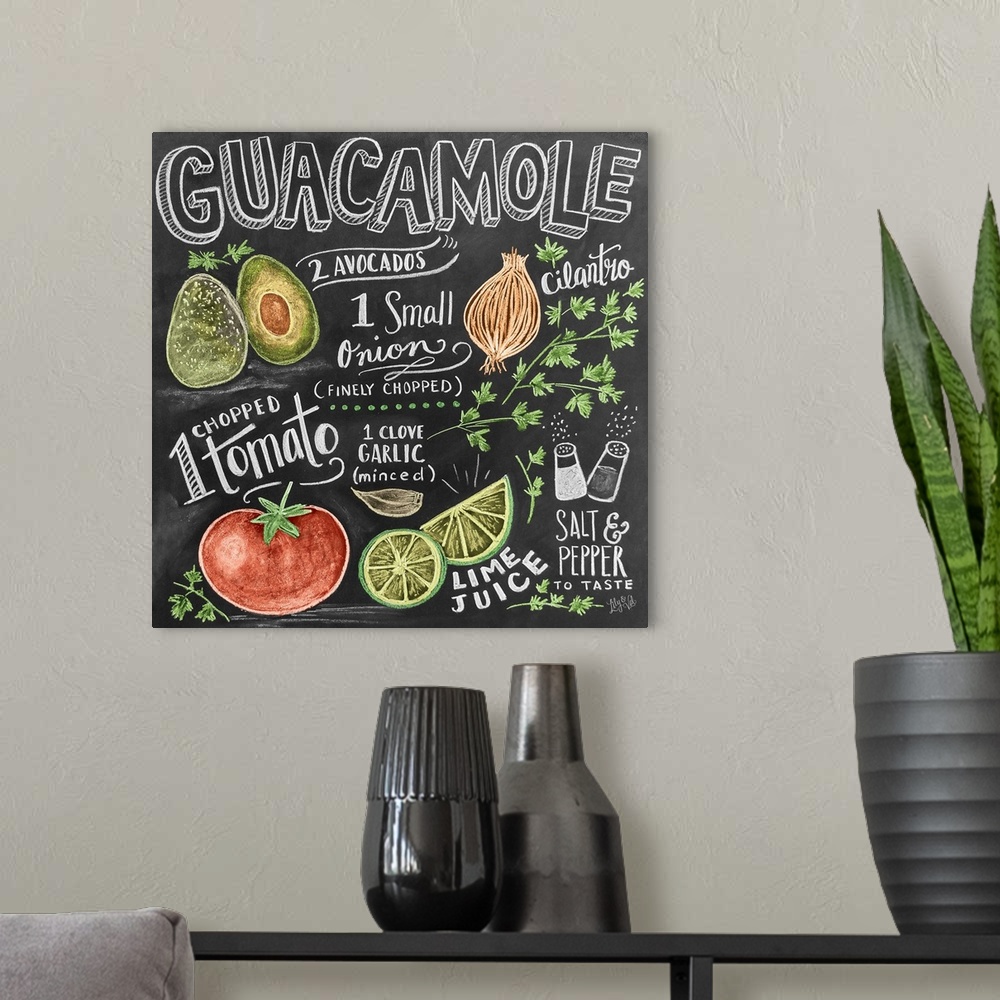 A modern room featuring Handwritten and illustrated recipe for guacamole, including tomatoes, avocadoes, onions, and limes.