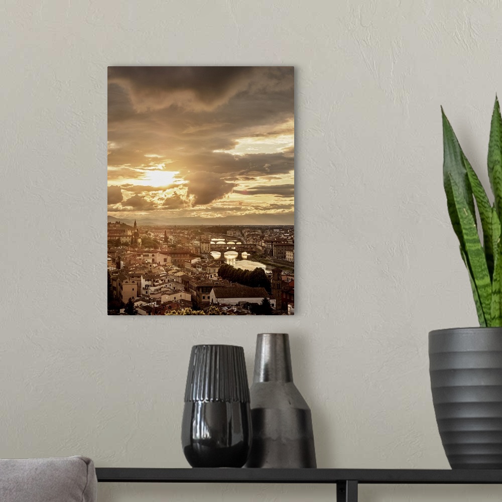 A modern room featuring Cityscape with Ponte Vecchio and Arno River at sunset, Florence, Tuscany, Italy.