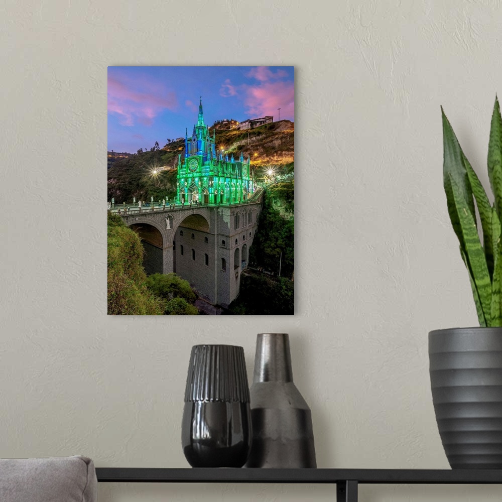 A modern room featuring Las Lajas Sanctuary at dusk, Narino Department, Colombia.