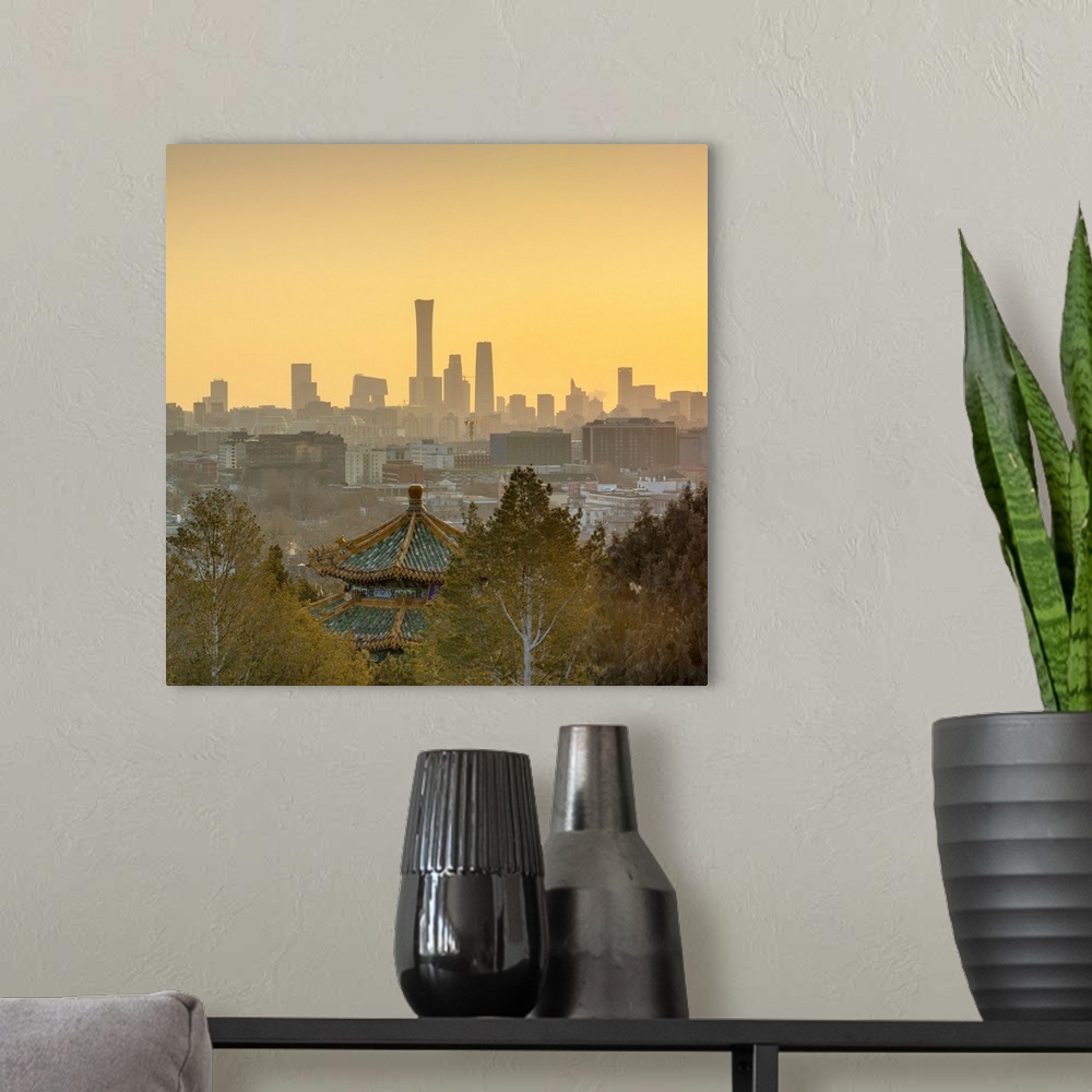 A modern room featuring Skyscrapers of Chaoyang business district from Jingshan Park at sunrise, Beijing, China