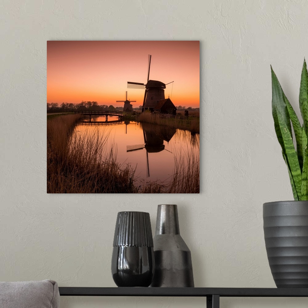 A modern room featuring Windmills at Sunrise, Oterleek, Holland, Netherlands.