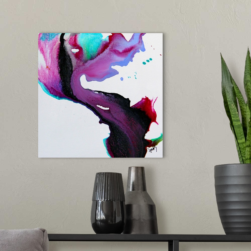 A modern room featuring Giant abstract art composed of cool tones cascading down the face of the canvas in a curved line ...