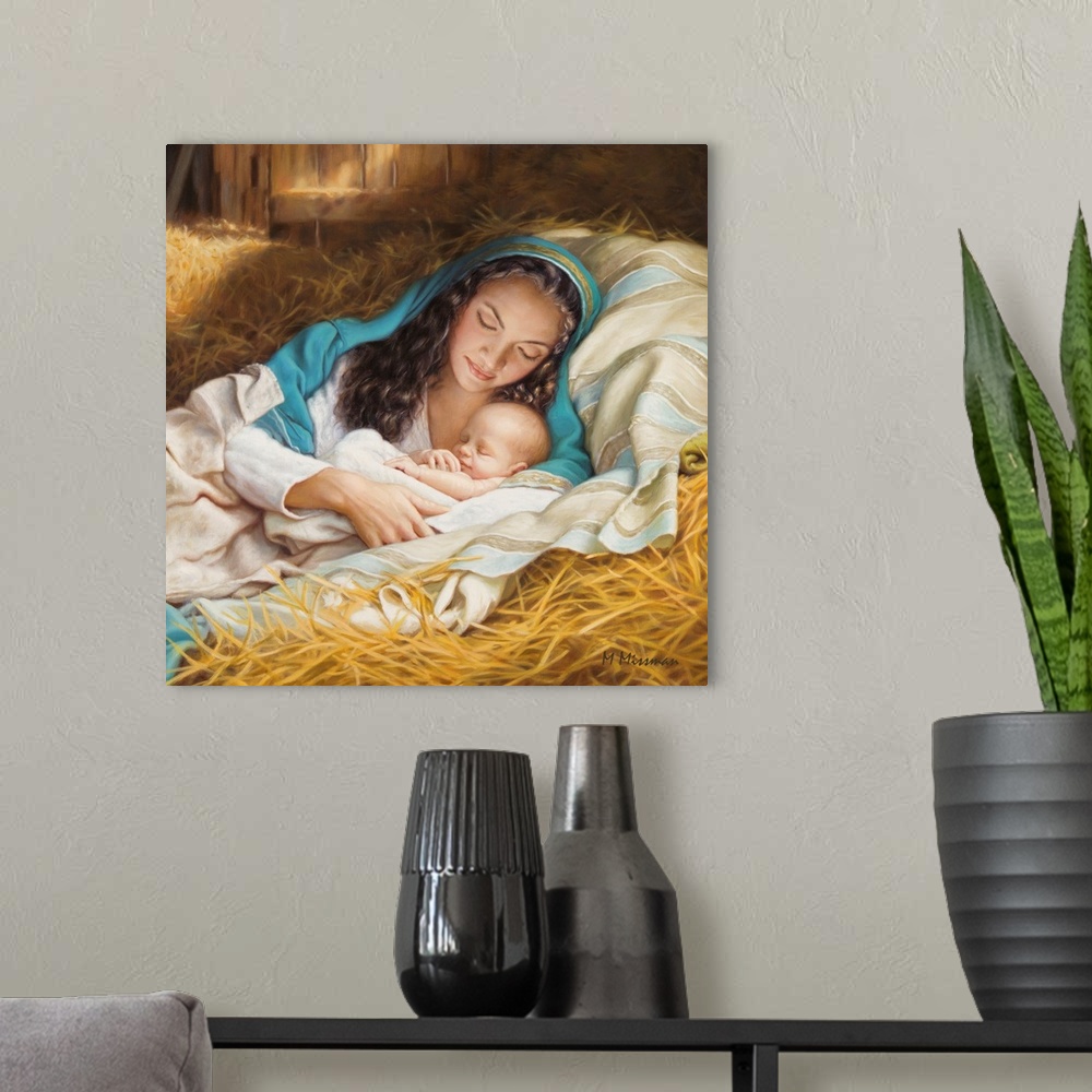 A modern room featuring Mary and baby Jesus.