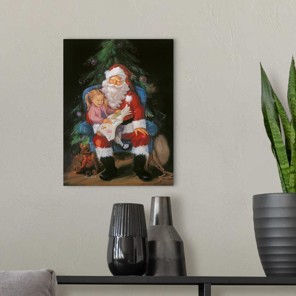 A modern room featuring Santa with Girl