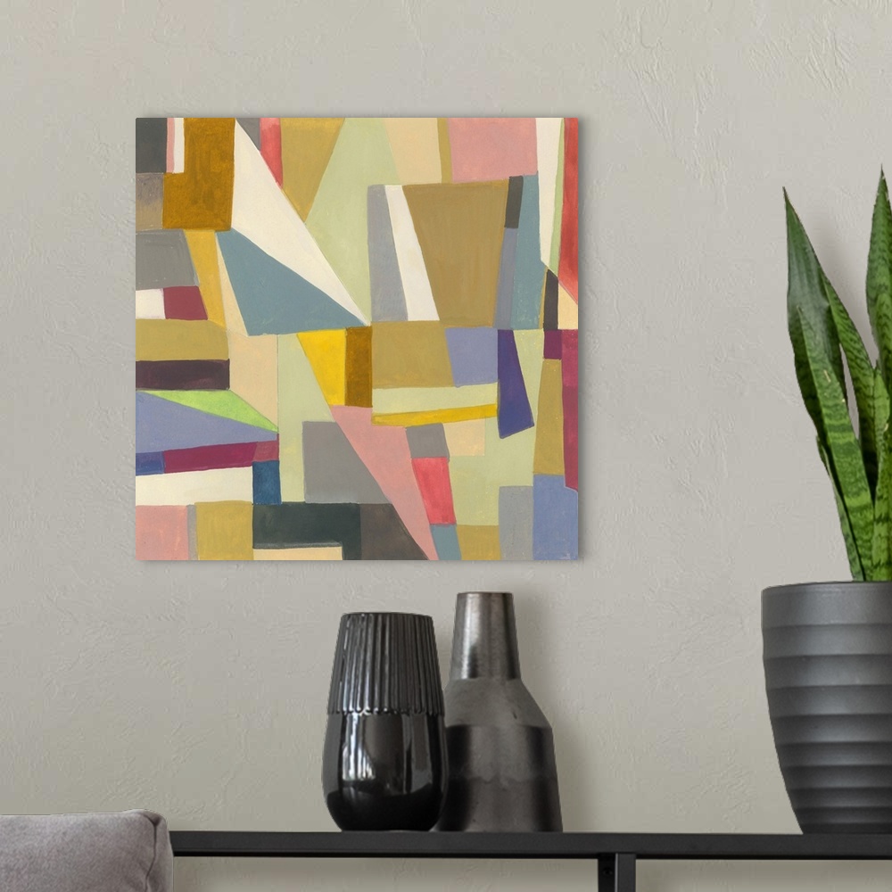 A modern room featuring One painting in a series of geometric abstracts with mostly muted colors depicting the artist's i...