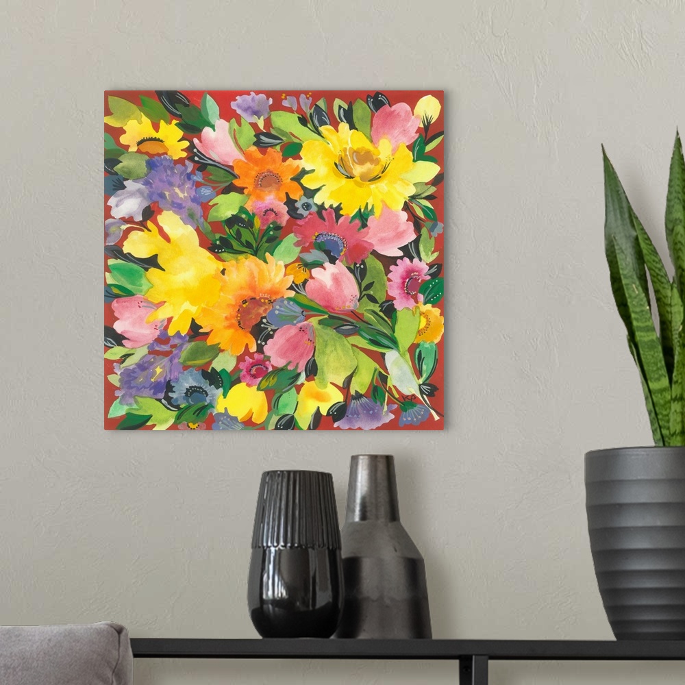 A modern room featuring Painting of warm-colored flowers and green leaves against a red background.