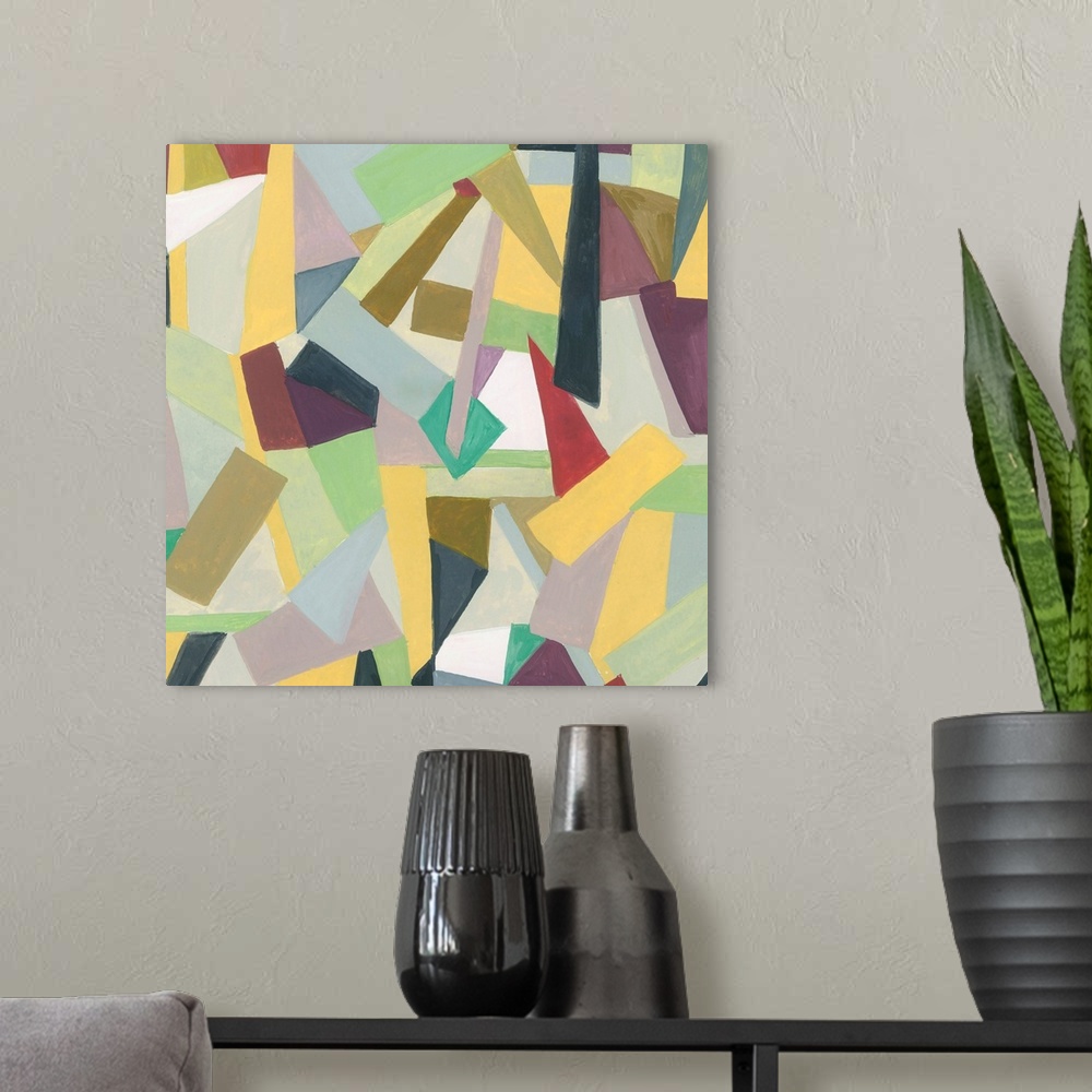 A modern room featuring One painting in a series of geometric abstracts with muted colors depicting the artist's interpre...