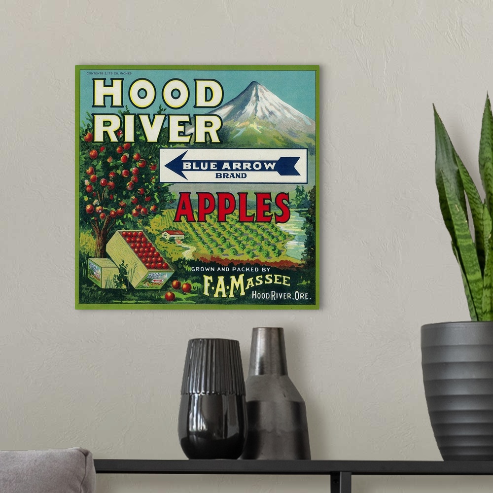 A modern room featuring Blue Arrow Apple Crate Label, Hood River, OR