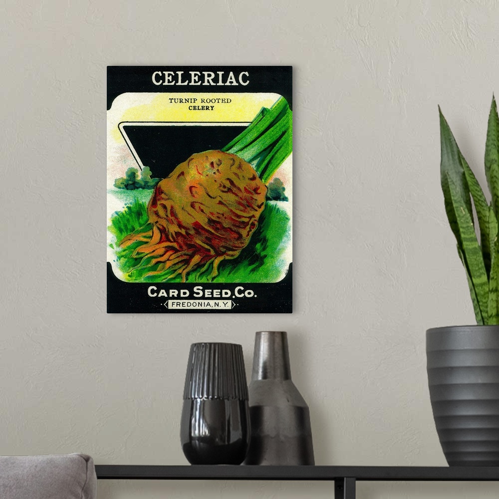 A modern room featuring A vintage label from a seed packet for celeriac.