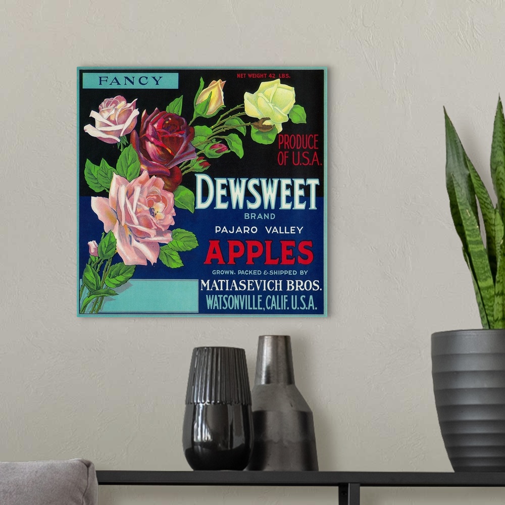 A modern room featuring Dewsweet Apple Crate Label, Watsonville, CA