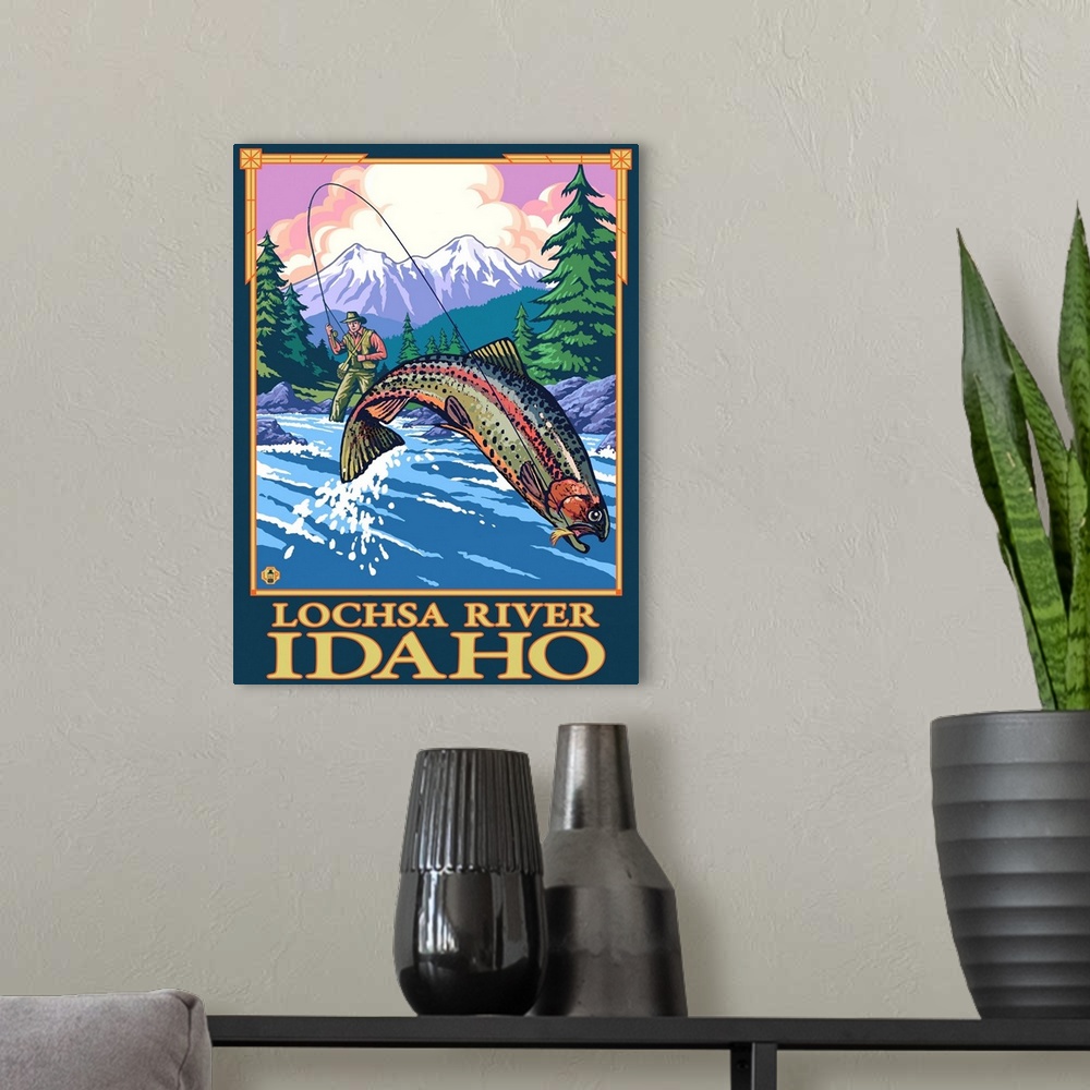 Fly Fishing Scene - Lochsa River, Idaho: Retro Travel Poster | Large Metal Wall Art Print | Great Big Canvas