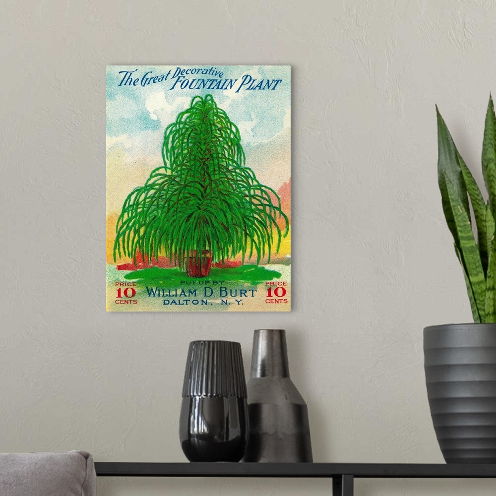 A modern room featuring A vintage label from a seed packet for Fountain Plants.