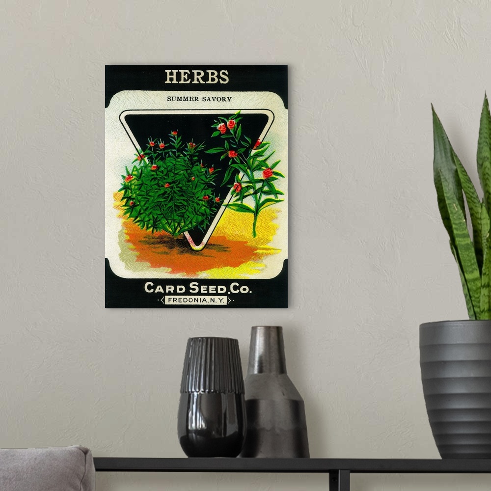 A modern room featuring A vintage label from a seed packet for mixed herbs.