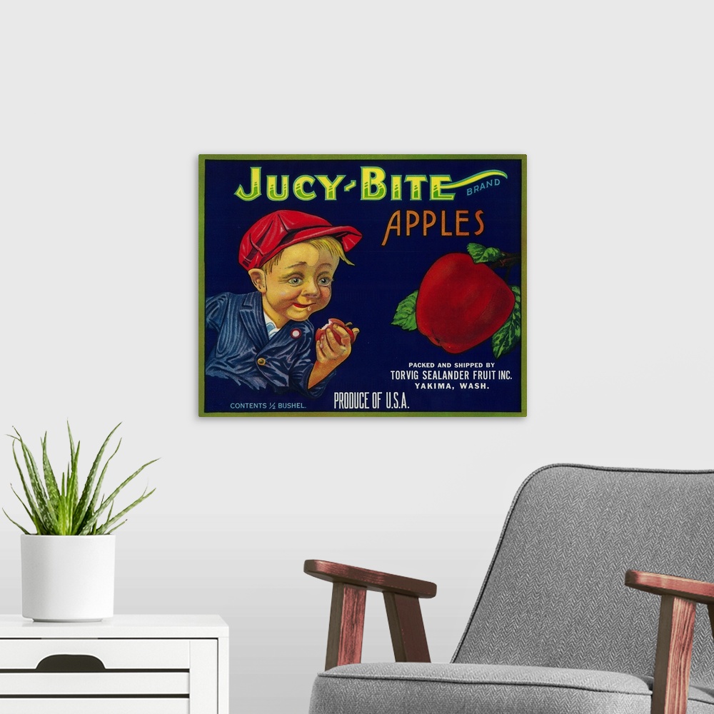 A modern room featuring Jucy Bite Apple Crate Label, Yakima, WA