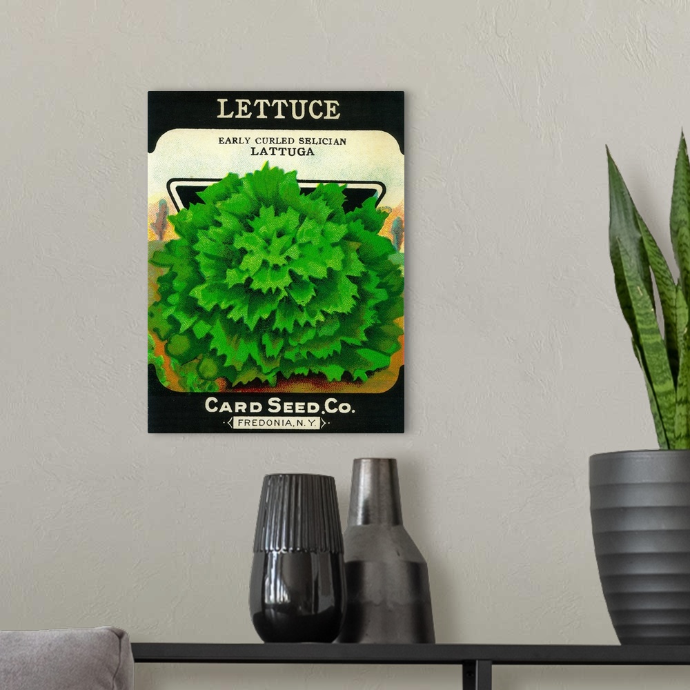 A modern room featuring A vintage label from a seed packet for lettuce.
