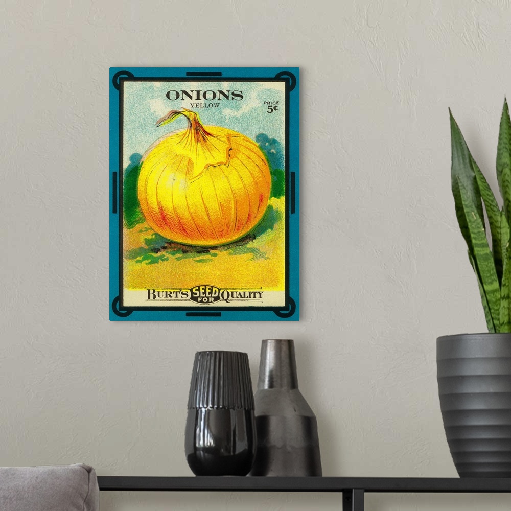 A modern room featuring A vintage label from a seed packet for onions.